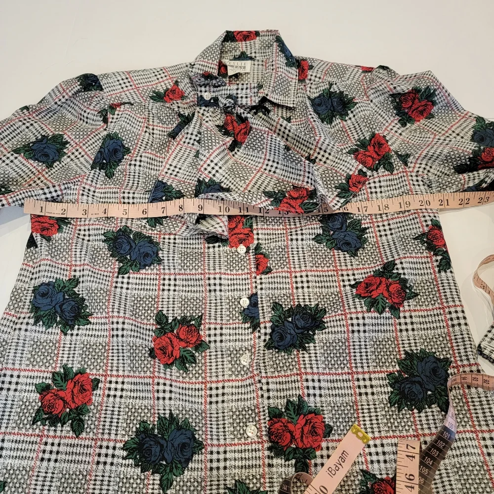 Vintage Leslie Fay Sportswear Floral Gingham Puff Sleeve Tie Button Up Top NWT! - Picture 8 of 16